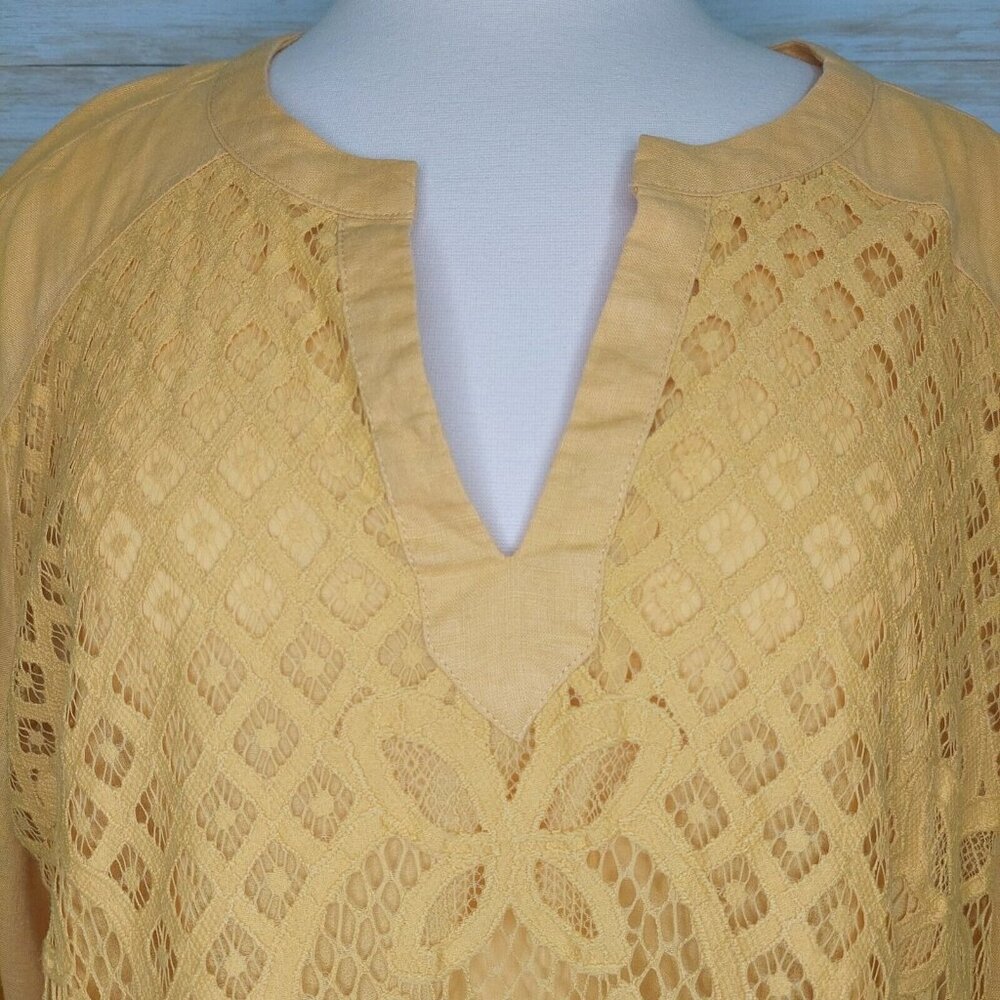 Chico's Women's Top Yellow Linen Lace Front Long Sleeve Tunic Shirt Blouse XL - Picture 5 of 14